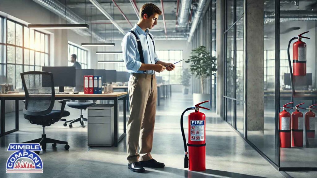 Technician performing fire extinguisher servicing in an office setting, ensuring fire safety compliance for business continuity.