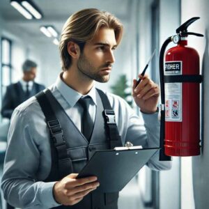 Close-up of technician performing fire extinguisher servicing, inspecting safety equipment in a business hallway.