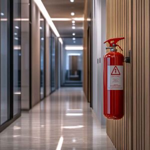 Fire protection equipment mounted on a wooden wall in a modern office building, emphasizing accessibility and compliance. 