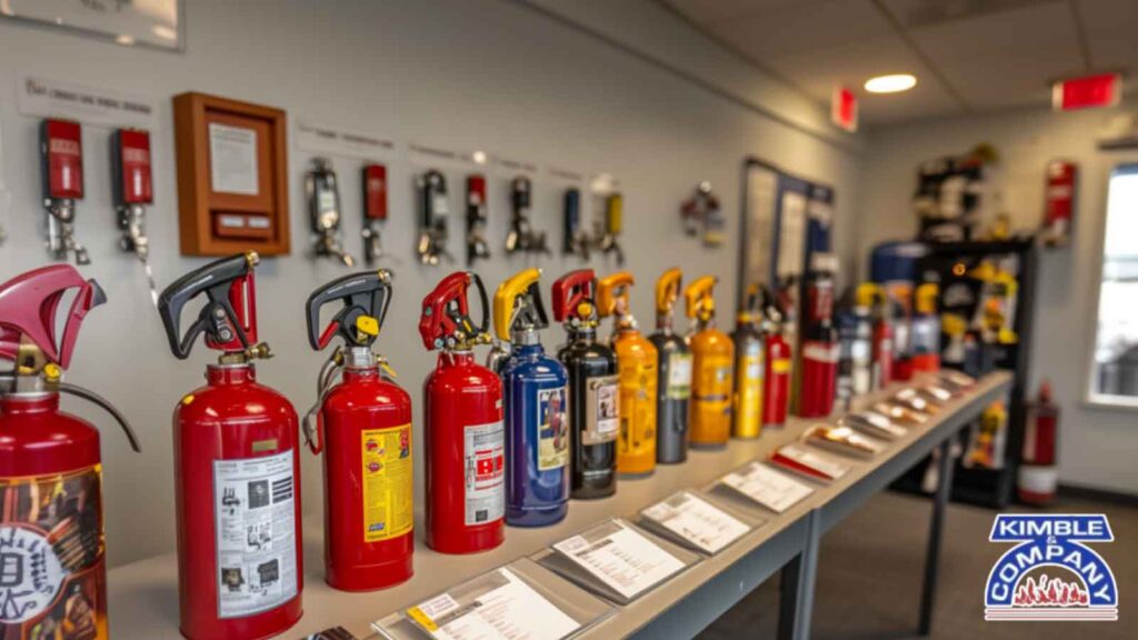 Various types of fire extinguishers displayed for fire protection, including ABC, CO2, and water extinguishers.