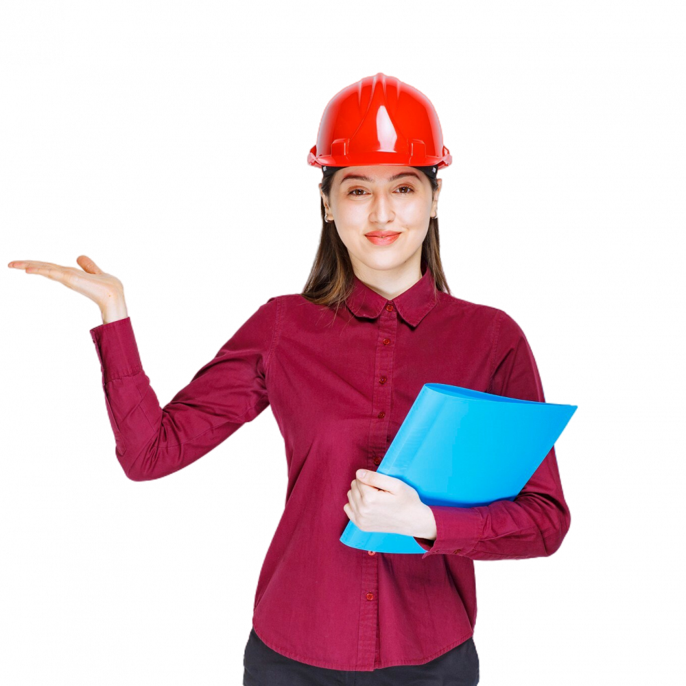 female architect red helmet with blue folder getting standing posing